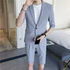 Ternos masculinos Roupas de estilo coreano Men traje de terno Slim Fit Fit Malve Slave Ken -Ponta de joelho rosa Branco Jaqueta de verão com calça curta