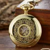 Lysande handlindning Mekanisk fickklocka Pendant Bronze Classical Vintage Hollow Cover Analog For Men Watches Clock Gift 240327