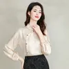 Blouses feminina estilo chinês escritório senhora nua camisa seda com padrões de paisagem