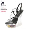 Sandalen zomer 526 14 cm transparante lichtschoenen bling rhinestone dames smalband feest nachtclub led lumineuze hoge hakken mujer