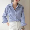 Kadın Bluzları Yzjnh 2024 İlkbahar ve Sonbahar Uzun Kollu Mizaç Mavi Beyaz Çizgili Gömlek Kadınlar Kore Pamuk