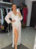 Vestidos casuais básicos sexy veja através de manga comprida malha de túnica branca de túnica 2024 feminina praia maxi vestido bainha sólida vestidos de tipóia feminina femme d12 l49