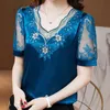 Sommer Neues Stickerei Net Garn Patchwork T -Shirt Tops v Hals Kurzschleife Solid lose Pullover Vintage Elegante Frauen Kleidung