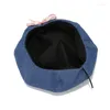 Berets Pink Bow Denim Cotton Bows Cross Strap Octagonal Cap Women Girls Korean Sweet Painter Hats Fashion Versatile Casual Beret