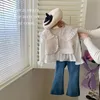 Kore tarzı yeni bahar sonbahar bebek kız çocuk setler uzun kollu içi boş gömlekler+denim parlama pantolon çocuk giyim E23004