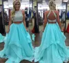 Ice Blue Ruffles Long Two Piece Prom Dresses Sexiga pärlor Graduation Party Dresses Open Back Evening Formal Gowns For Teen Girls8529892