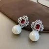 Dangle Earrings Luxury Red Zircon Bridal CZ Pearl Cubic Zirconia Wedding Earring For Brides Accessories Women Birthday Gifts Jewelry