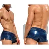 Mens Low Rise Sides Slit Boxer Shorts Glossy Swim Trunks Bikini Swimwear Nightclub Faux Leather Clubwear 240328