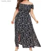 Vestidos casuais básicos peito elástico embrulhado boho vestido de mulheres plus size size curta manga alta cintura dividida bainha fluvial do ombro impressão floral maxi vestido l49