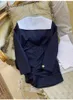 Damespakken 2024 Leer vrouwen Dark Blue Short Suit Navy Kraagjas Volle mouw Sexy broek