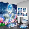 3D Fleurs et oiseaux Imprimer le rideau de douche Set Moonlight Swan Salan de salle de bain Mat de toilette Tapis de toilette Tapis étanche Baignoire en tissu