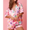 Valentines Day Silk Satin Pajamas Set Sleepwear Trouser Suits Cute Print Sweet Heart Short Sleeve Shirt And Shorts Suits 240410