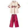 Kid Hip Hop Vêtements de baseball surdimensionnés SHIRGAN TOP TOP VIN ROUGE ROUGE PANGO DE CARROGE DE STREE