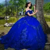 Royal Blue Quinceanera Dress Ball Gown Off the Shoulder 3D Flowers Applique Pärlor Tull Crystals Corset Sweet 16 Vestido de 15 Anos