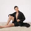 Large Size US 3XL Men Long Robe Set Solid Kimono Bathrobe Gown Shorts Spring Summer Satin Sleepwear Nightwear Loose Home Wear