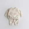Spodnie Winter Warm Korea Toddler Baby Girl Boy Ubrania Zestaw Flower Gtromen Bluza z polarem+spodnie 2PCS Tracksuit dla dzieci Suit