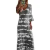 Women Casual Long Sleeve V Neck Tie Dye Large Hem Loose Beach Full Length Dress