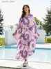 Robes décontractées de base 2024 Sumer Purple Boho Imprimé en V Pouchette à col de crampons Kaftan Robe Robe Moo Robes de maison de plage Robes de maison Q1604 L49