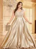 Urban Sexy Dresses Lucyinlove Plus Size Luxury Gold Satin V-Neck Evening Dress Women Satin Wedding Party Prom Floor Lenght Cocktail Dress Gowns 240410