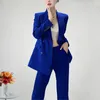 Pantalon de deux pièces pour femmes Zjyt Office Lady Blazer Clets For Woman Double Breasted Jacket Pant sets 2 pantalons assortis Set Blue Tenfit Elegant