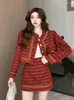 Work Dresses Ladies Red Tweed Two Pieces Set Women Autumn Elegant Vintage Plaid Short Jacket Coat Bodycon Mini Skirt Suit Outwear Outfit