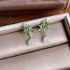 Dangle Küpeler Doğal Hetian Yeşim Kadınlar Sterling Gümüş Yeşil Bambu Yaprak Saplama Retro Çin tarzı Yanmış Mavi Emaye Eardr