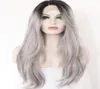 Ombre Grey 2 Tones Синтетические кружевы переднее парик темные корни Длинные натуральные прямые серебряные серебряные парики для женщин для женщин тепло RESI4496364