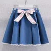 Flickor koreansk stil veckade kjolar sommar barn denim kaka mini kjolar elastiska midja barn pettiskirt 11 12 år