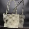 Drawstring Women's Simple Casual Hollow Out Design Handtas mode Pearl Wit zilveren kralen schoudertas grote capaciteit veelzijdige tassen