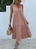 Jim Nora Casual Summer Midi Robe Femme sans manches Tank V Boutons Neck Ruffle Robes Loose Bel