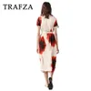 Trafza Spring Summer Casual Print 드레스 패션 스트리트웨어 느슨한 V 목 새시 싱글 가슴 우아한 세련된 긴 240411