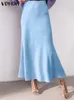 VONDA 2023 Summer Elegant Women Long Maxi Skirts Satin Silk Fashion Bottoms Solid Pleated Loose High Waist Ruffled Party 240403