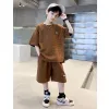 Broek jongens zomerpak tienerjongens hiphop korte mouw + broek 2 -stuk kinderen katoen solide sportkleding kind jongens kleding set