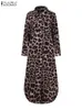 Zanzea Kobiety Leopard Print Dress Sukiej Summer Autumn Half Tange Share Split Seksowna długa koszula midi wieczór żeńska kobieca vestidos 240411