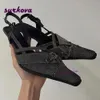 Pompalar Slingback y2k kare denim ayak parmağı stiletto topuklu kadın sandaletleri retro zincir yaz kadın zarif parti ayakkabıları 240410