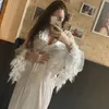 Bridal Long Kimono Robe Gown Mesh&Feather Patchwork Bathrobe Summer Perspective Nightgown Lingerie V-Neck Wedding Sleepdress