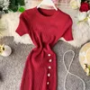 YuooMuoo Short Sleeve Buttons Split Bodycon Dress Women Oneck Sexy Skinny Stretchy Knitted Summer Party Vestidos 240411