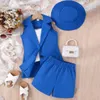 Prowow 4-7Y Summer Children Girl Clothes Sets Solid Lapel Blazer Suit+Camisole Top+Shorts With Sun Hat Kids Girls Blazer Outfits