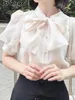 여자 블라우스 패션 패션 캐주얼 블라우스 여성 2024 최고 여름 일본식 오간자 편지 퍼프 슬리브 큰 활 셔츠
