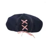 Berets Pink Bow Denim Cotton Bows Cross Strap Octagonal Cap Women Girls Korean Sweet Painter Hats Fashion Versatile Casual Beret