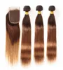 430 Kahverengi Kökler Ombre Düz Brezilyalı İnsan Saç Paketleri Kapanışlı Kahverengi - Orta Auburn Ombre 3bundlar 4x4 Dantel Clo2746146