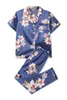 家庭用服の女性2PCSパジャマセットスリープウェア春夏サテンナイトウェア半袖ズボンピジャマスーツルーズプリントフラワーホームウェア