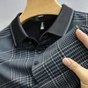 Light Luxury Ice Silk Mens Polo Shirt Summer British Lapel Stripe Checkered Ice Feeling Traceless Half Sleeved T-Shirt 240403