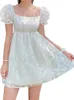 Sweet White Princess Ball Gown Mini Dress Fairycore Egirls Puff Short Sleeve Square Neck Aline Farterfly Printing Dresse 240411