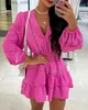 Sexy Skirt Summer Holiday for Women 2024 Spring Summer Mini Skirt Casual Simple V-Neck Long Sleeve Tape Patch Layered Ruffles Mini Dress L410