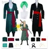 Anime Costumes Anime Roronoa Zoro Cosplay Costume Uniform Green Black Belt Pants Head Scarf Zoro Wig Earrings Halloween Men kläder 240411