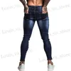 Jeans masculino gingtto mens skinny estriado reparado jeans azul escuro Hip lúpulo angustiado Super magro algodão de ajuste confortável de tamanho grande zm34 t240411