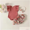 Clothing Sets Fashion Baby Girls Summer Outfit Ruffle Sleeve Ribbed Romper Floral Cottes Headband 0-24 Months Drop Delivery Kids Mater Ot3Yz