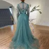 Wasisi Dubai Muslim Turquoise Beaded Tassel Evening Dresses Gowns Arabic Mermaid Luxury 2024 For Women Wedding Party FLA71533