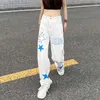 Kvinnors jeans hiphop streetwear kvinnor vit vår höst bred ben byxor stjärnor tryck mode överdimensionerade löst raka avslappnade byxor